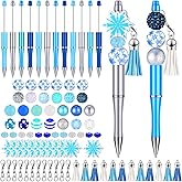 Jutom 12 Pcs Winter Beadable Pens Kits Include 50 Pcs Colorful Beads Tassels Snowflake Pendants Assorted Focal Bead Bulk DIY Plastic Ballpoint Making Pens Set for Women Men Gift Office Supplies