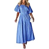 MASCOMODA Off The Shoulder Flowy Maxi Dress for Women 2024 Summer Casual Puff Short Sleeve Smocked Ruffle Beach Long Dresses
