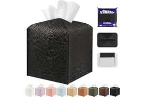 PARIERIS Tissue Box Cover Holder Square Tissue Cube Cover PU Leather Tissue Organizer with Bottom Belt for Bathroom, Tabletop, Car, Night Stands, Office, Home, Kitchen (1, Black)