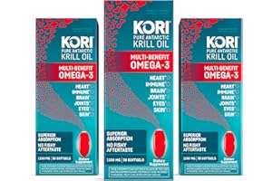 Kori Krill Oil Omega 3 Supplement, Antarctic Krill Oil with Superior Absorption vs Fish Oil, 1200mg Softgels, 30 Softgels, EPA & DHA (Pack of 3)