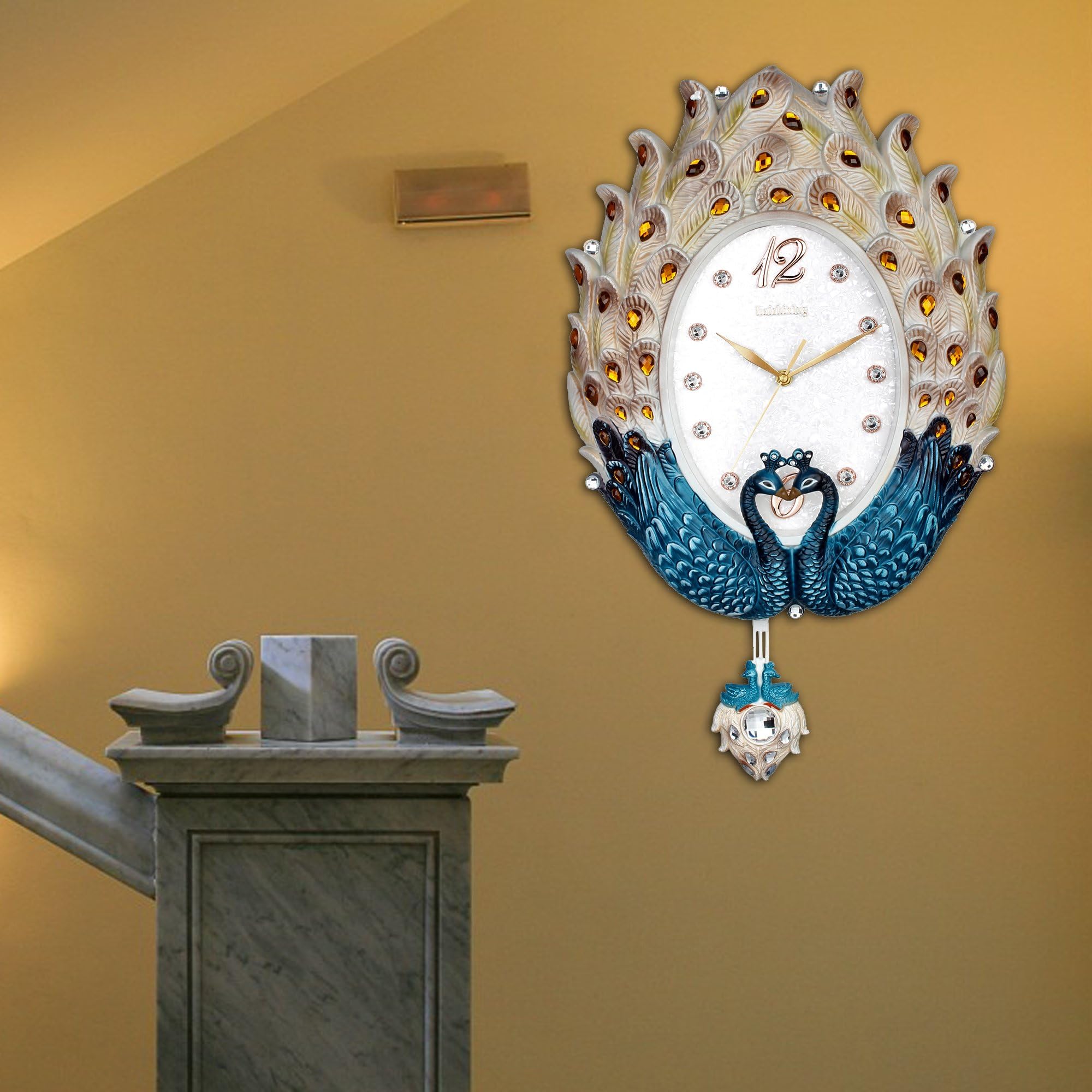 Efinito 17 Inch Peacock Design Pendulum Wall Clock (Color May Vary)