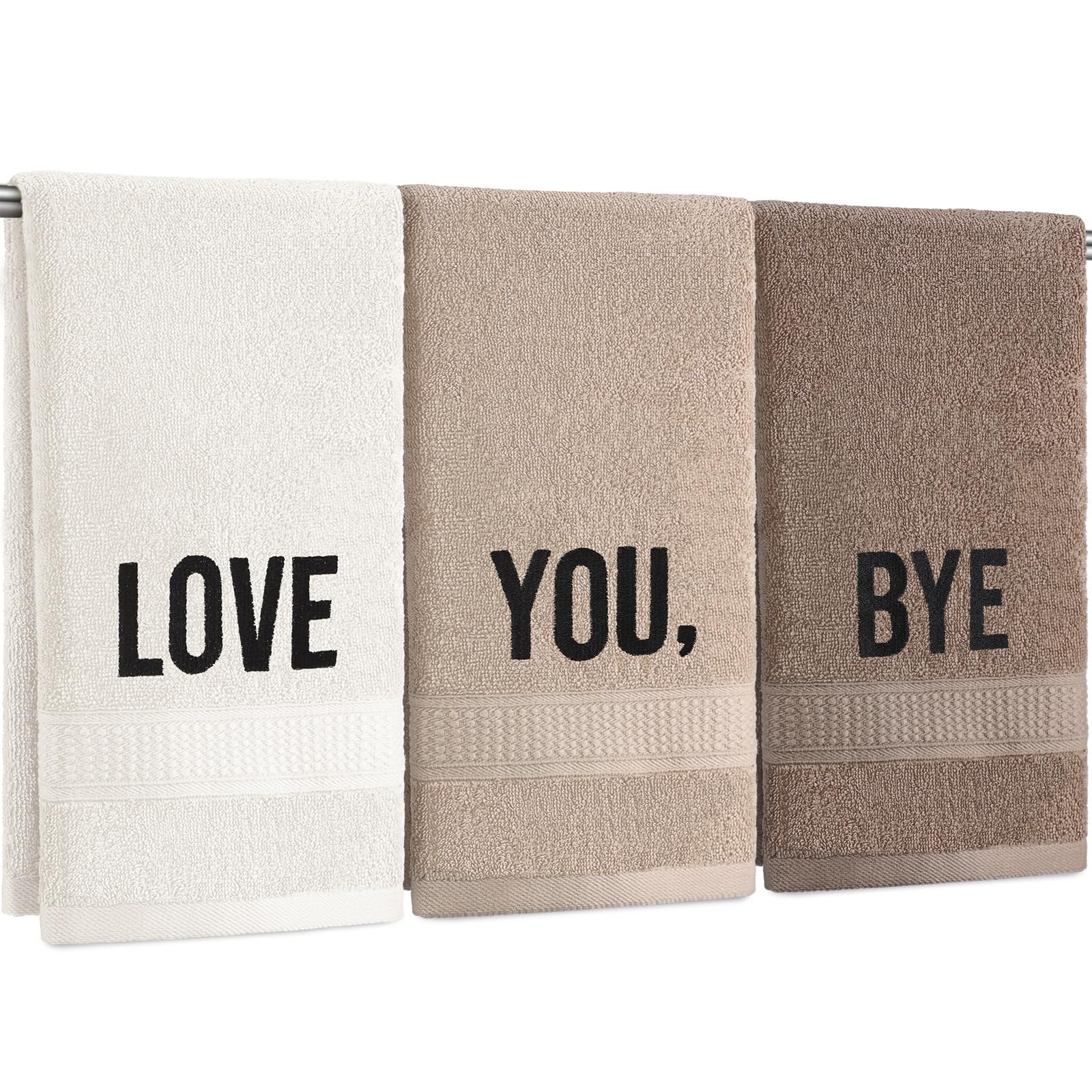 FuWeave 3 Pcs Farmhouse Decorative Hand Towels for Bathroom and Kitchen Rustic Embroidered Cotton Hand Towels Decorative Set for Boho Bathroom Decor(Brown,Love You, Bye)