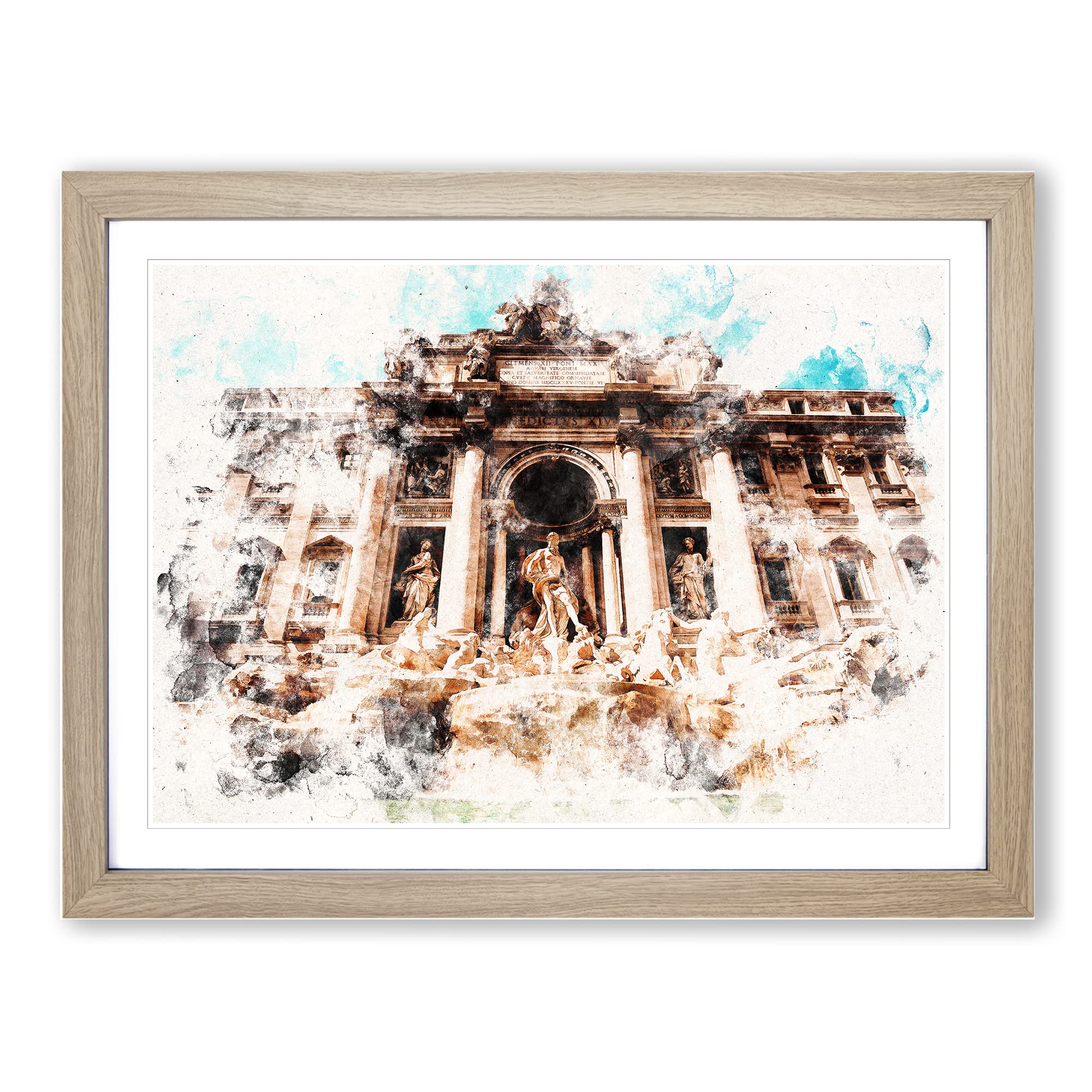Trevi Fountain In Rome Vol.1 Watercolour Modern Framed Wall Art Print, Ready to Hang Picture for Living Room Bedroom Home Office Décor, Oak A4 (34 x 25 cm)
