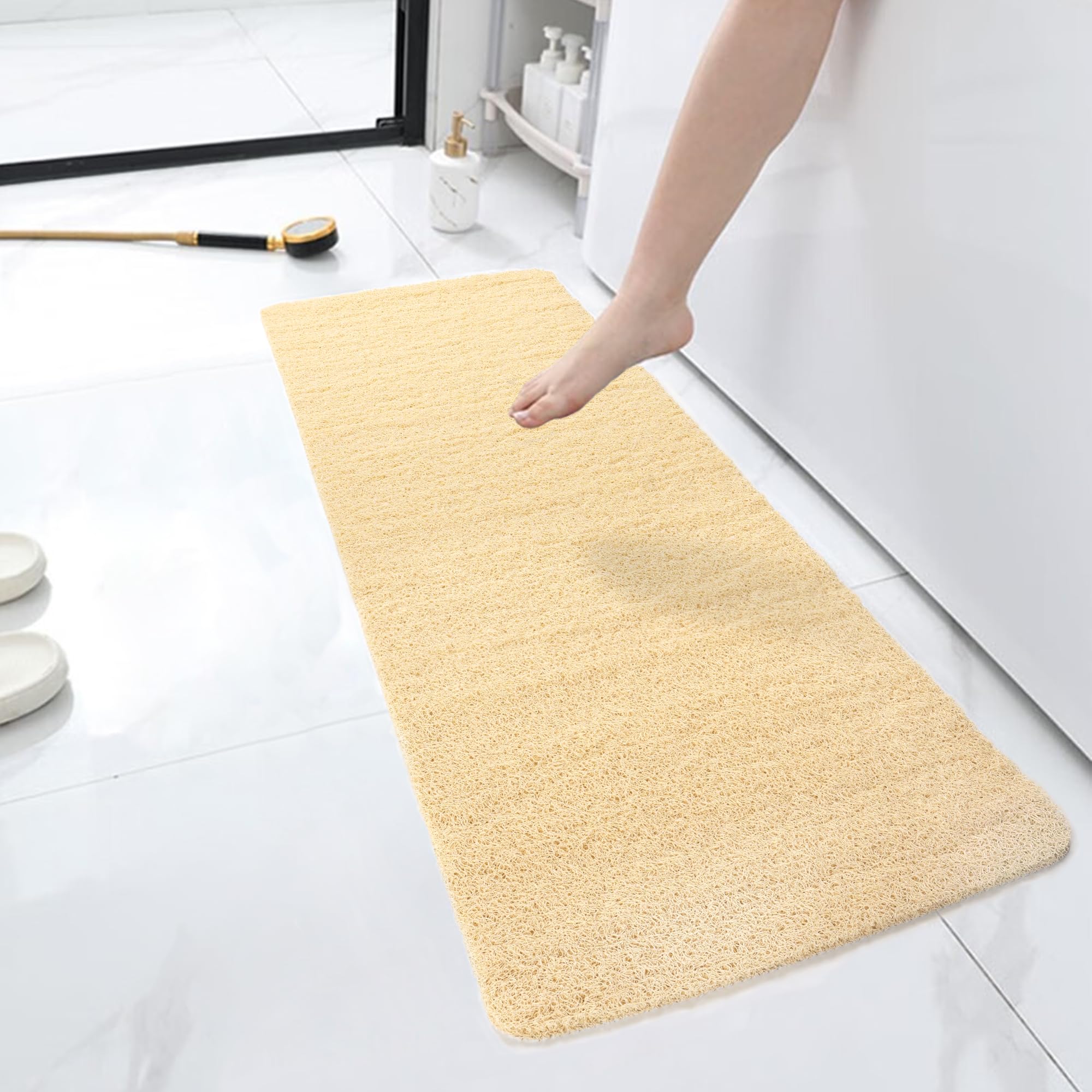 HITSLAM Shower mat Non Slip, 120x40 CM Non Slip Bath Mat with Drain, Soft PVC Loofah Shower Bath Mat for Tub, Quick Drying Shower Mat for Bathroom, Beige