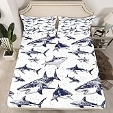 Erosebridal Shark Fitted Sheet Deep Pocket Twin Size Ocean Life Bedding Set for Kids Boys Girls Children Underwater Word Sheet Set Sea Animal Bed Cover Grey and White Home Decoration(No Top Sheet)