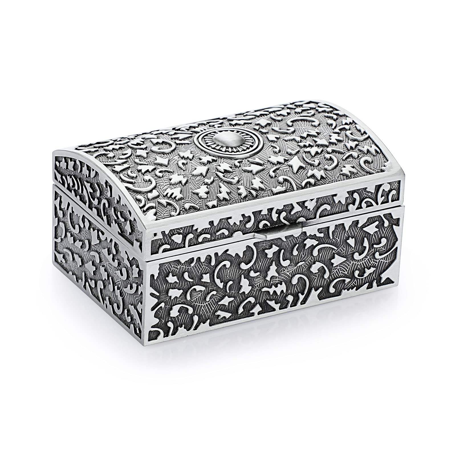 IGNPION Metal Jewellery Box Small Jewelry Display Case for Ring Necklaces Earrings Trinket Storage Organizer Case Antique Silver Mini Keepsake Box, Small