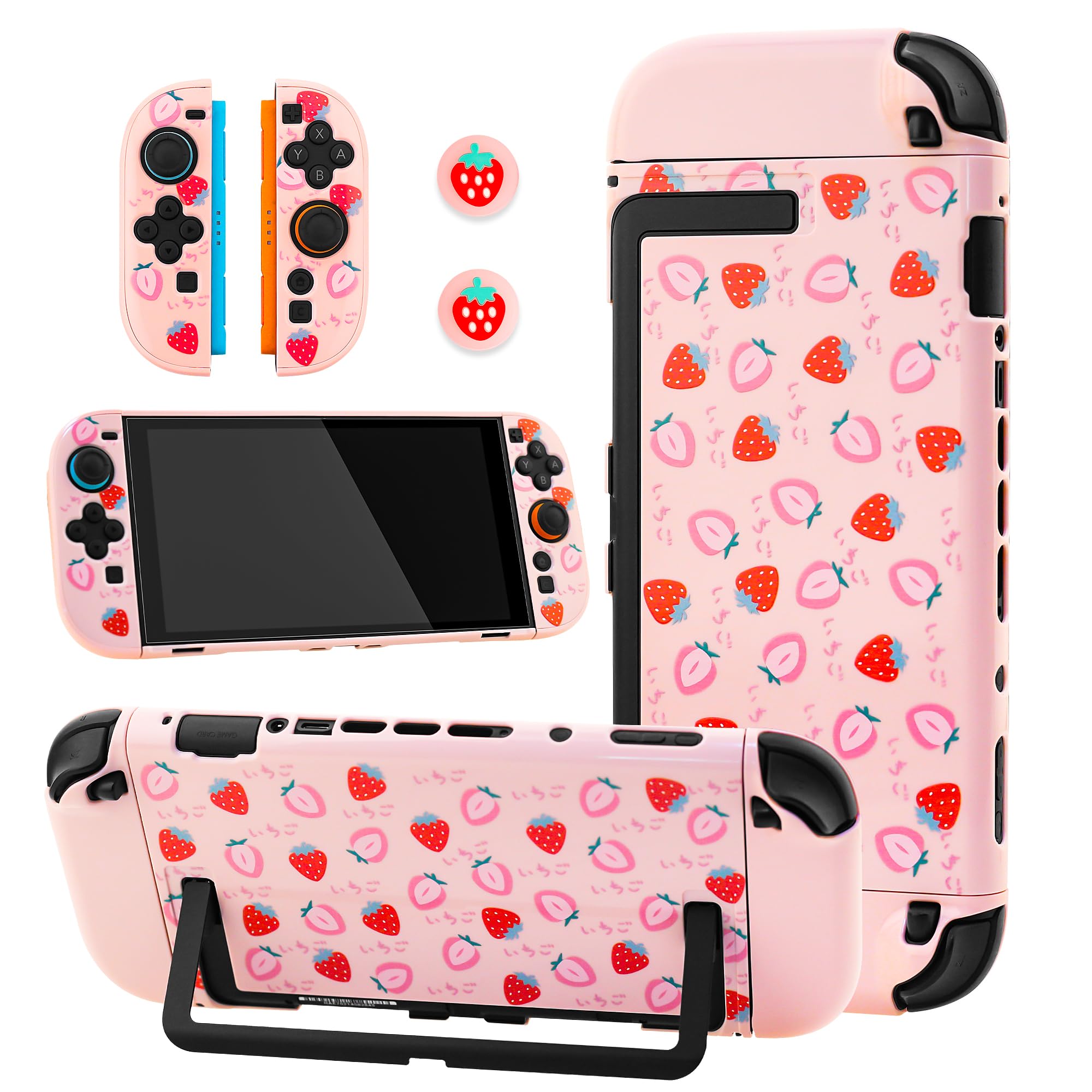 GLDRAM Cute Case for Nintendo Switch 2 (2025), Pink Strawberry PC Protective Case + Split PC Joycon Cover + 2 Thumb Grips, Hardshell Shock & Scratch Skin Protector Accessories for Girls