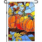 BlissYard Thanksgiving Fall Garden Flag 12x18 Inch Welcome Stained Glass Pumpkin Flag Double Sided Autumn Yard Banner Leaves Harvest for Porch Lawn Patio Seasonal Decor