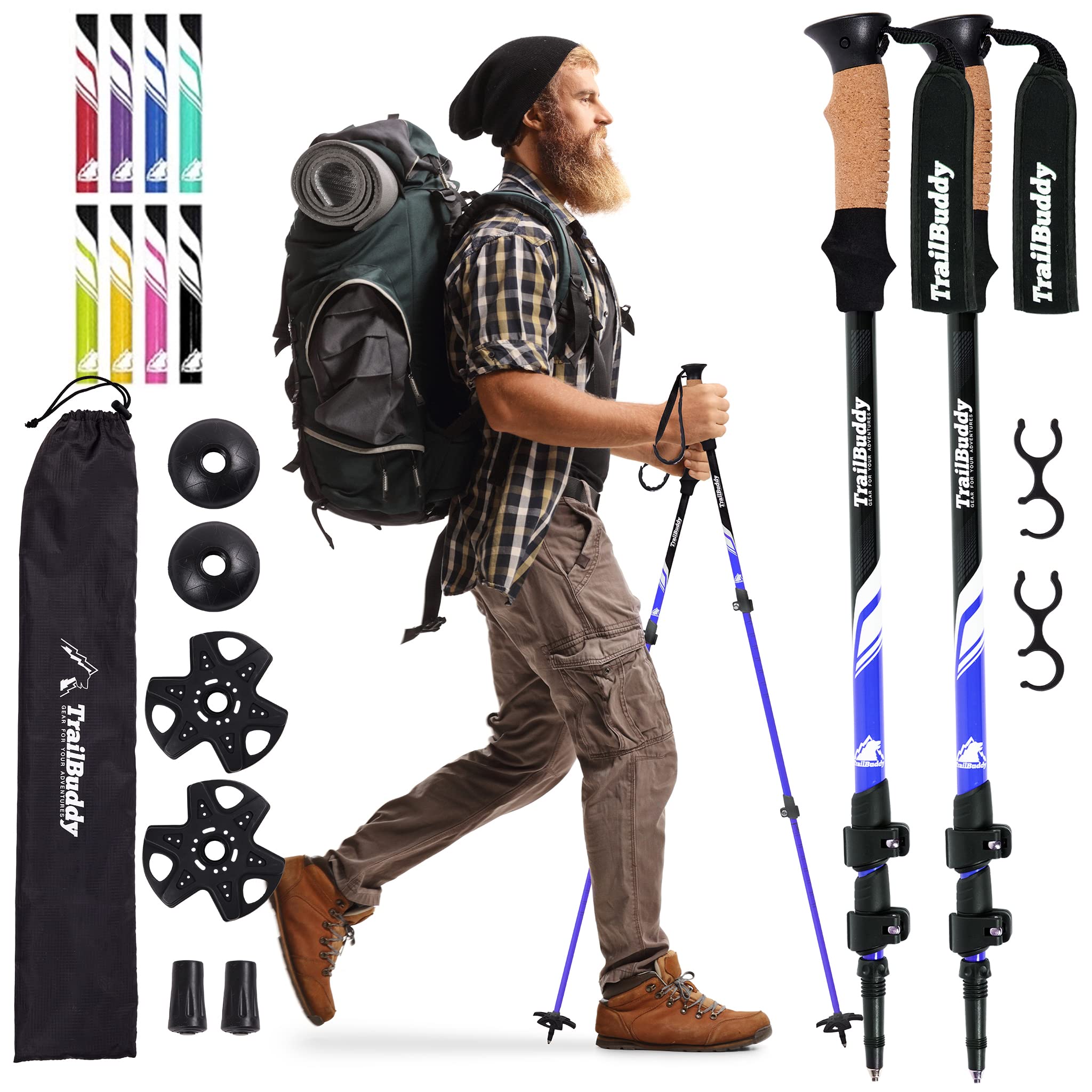 TrailBuddy Walking Poles - Pack of 2 Lightweight, Adjustable Trekking Poles for Hiking, Camping & Backpacking - Walking Sticks w/Cork Grip and Padded Strap, Lake Blue — image 1