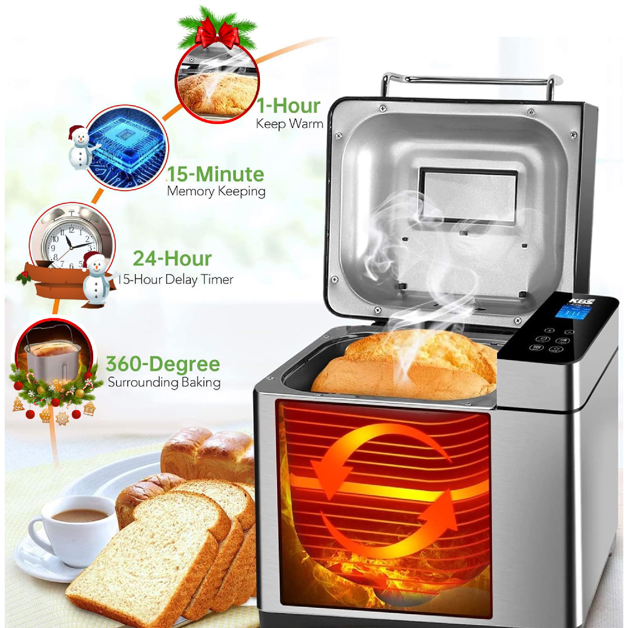 KBS Pro Stainless Steel Bread Machine, 2LB 17in1 Programmable XL