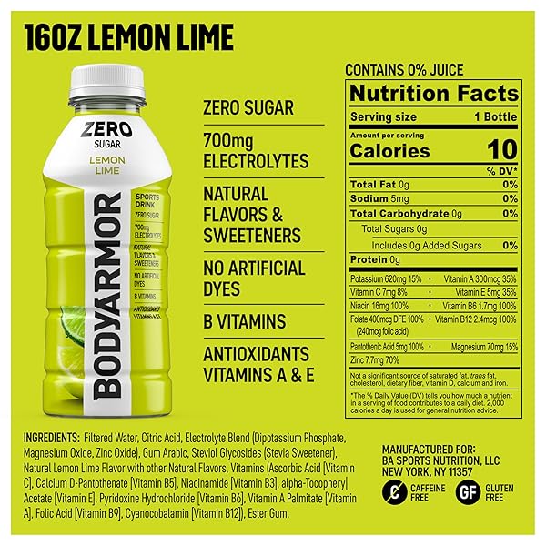 BODYARMOR ZERO SUGAR LEMON LIME ELECTROLYTE DRINK, NATURAL FLAVORS, 16 FL OZ BOTTLES (12 PACK), B VITAMINS & ANTIOXIDANTS SUGAR FREE HYDRATION