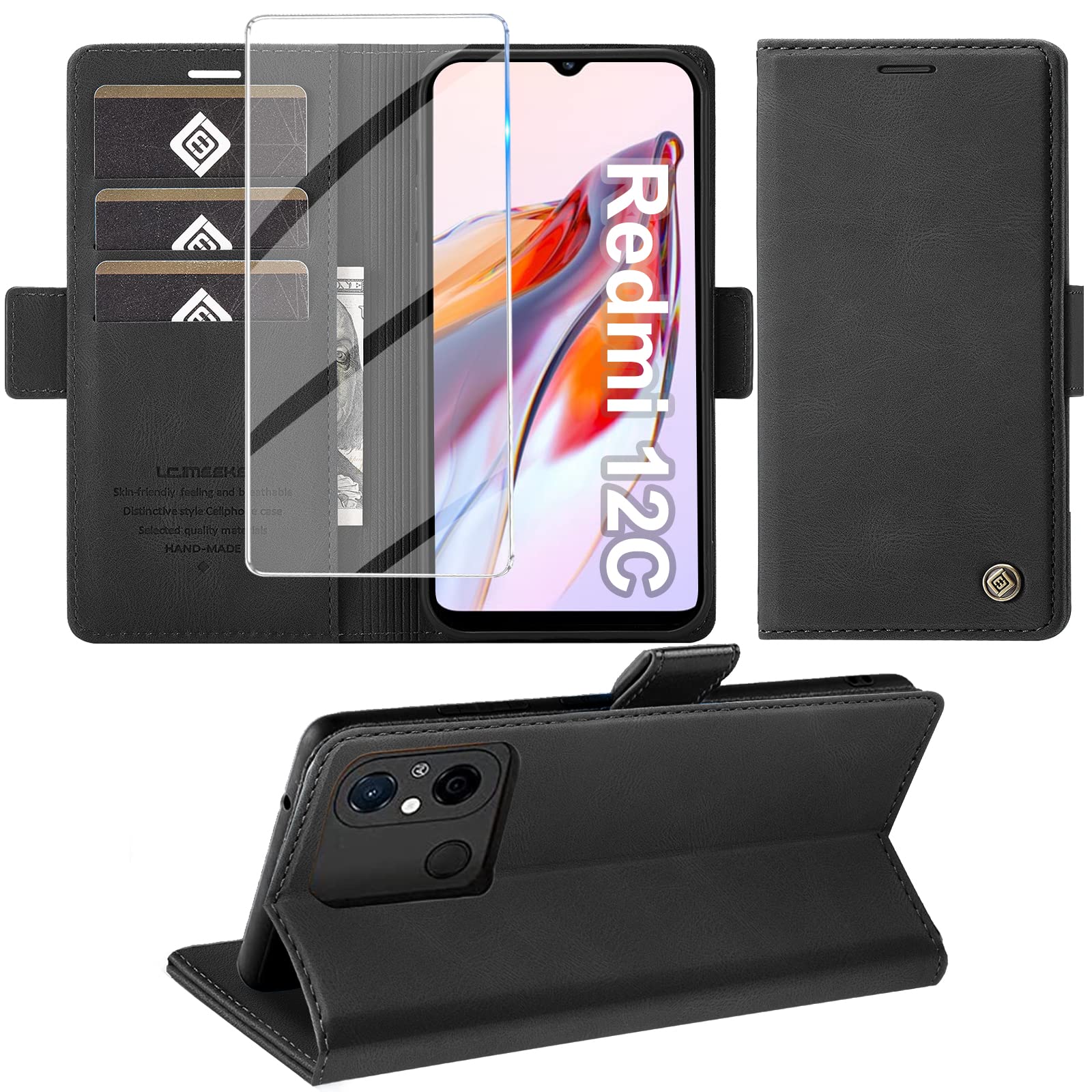 Giyer Mobile Phone Case for Xiaomi Redmi 12C Case with Screen Protector, Protective Case for Redmi 12C PU Leather Wallet Flip Case Stand Function Card Slot Flip Case Leather Case for Xiaomi 12C Cover