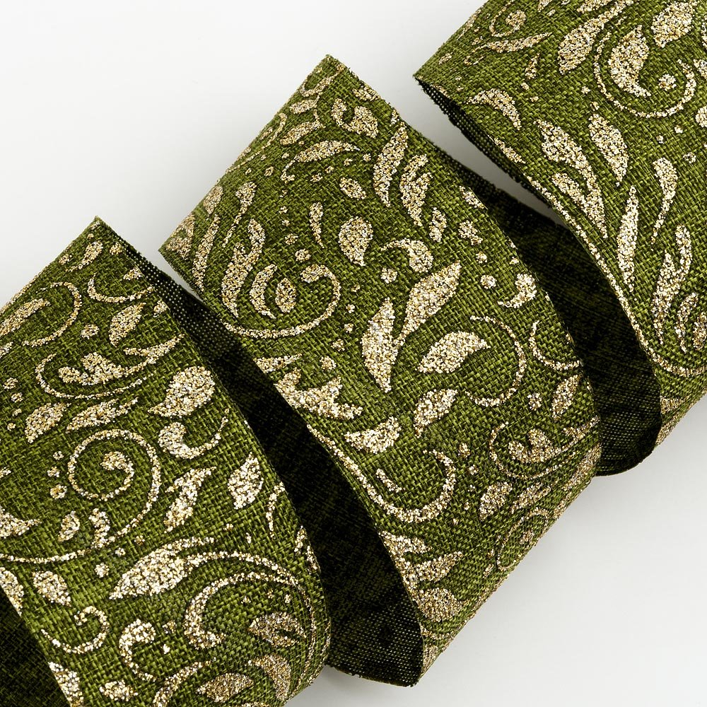 Italian Options Gold Lurex Leaf Scroll Green Hessian Ribbon,Wide,Jute Christmas Ribbon for Crafts, Gift Wrapping Accessories,Wreath Making Supplies,Tree Decorations, Green, Gold 38 mm x 10 Metre Roll