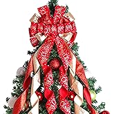 Christmas Tree Topper Christmas Wreath Bow 45"x12" Large Christmas Toppers Bow with Letter Patterned for Xmas Tree Rustic Farmhouse Home Holiday Party Decorations Red