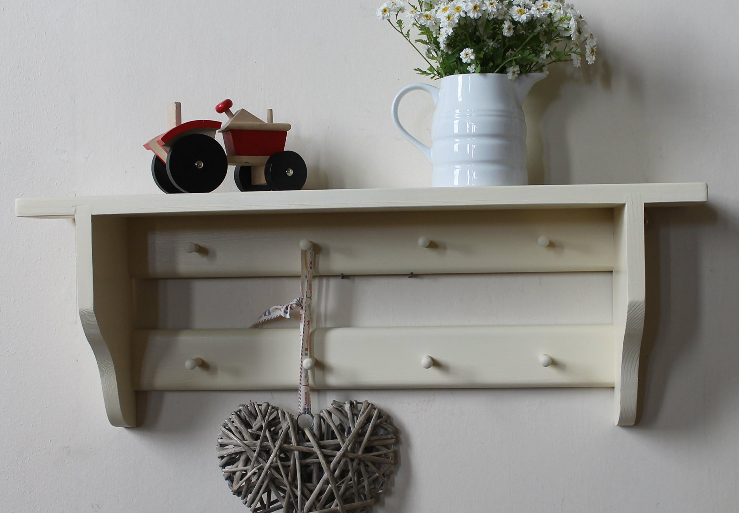 Shabby chic shelf with a double rail of Shakers pegs, cream, 6, 8, 10 or 12 pegs