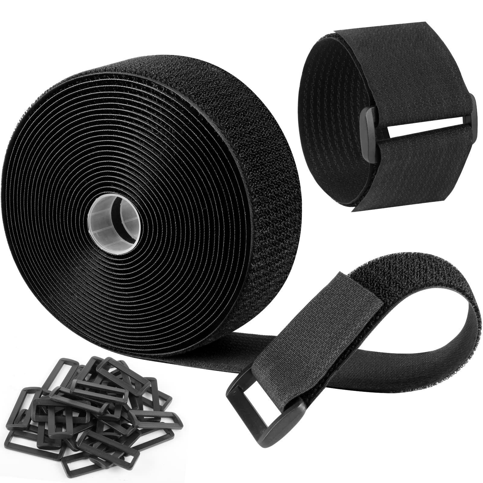 6m Straps Adjustable Cable Straps with 30 Buckles, Hook and Loop Straps, Free Cut Length, Reusable Nylon Securing Cord Ties for Organizer or Storage, 5cm Wide, Black (6m x 5cm)