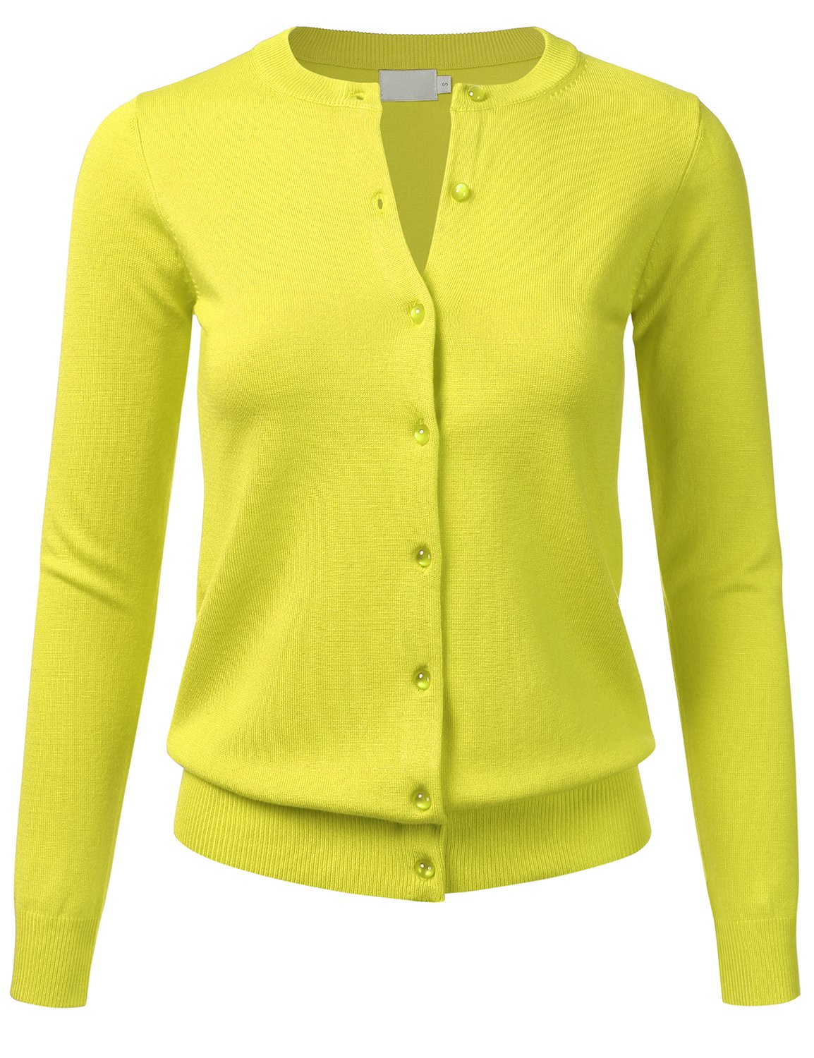Photo 1 of Women's Round Neck Lightweight Knit Ribbed Hem Cardigan with Translucent Gem Buttons LEMONYELLOW M