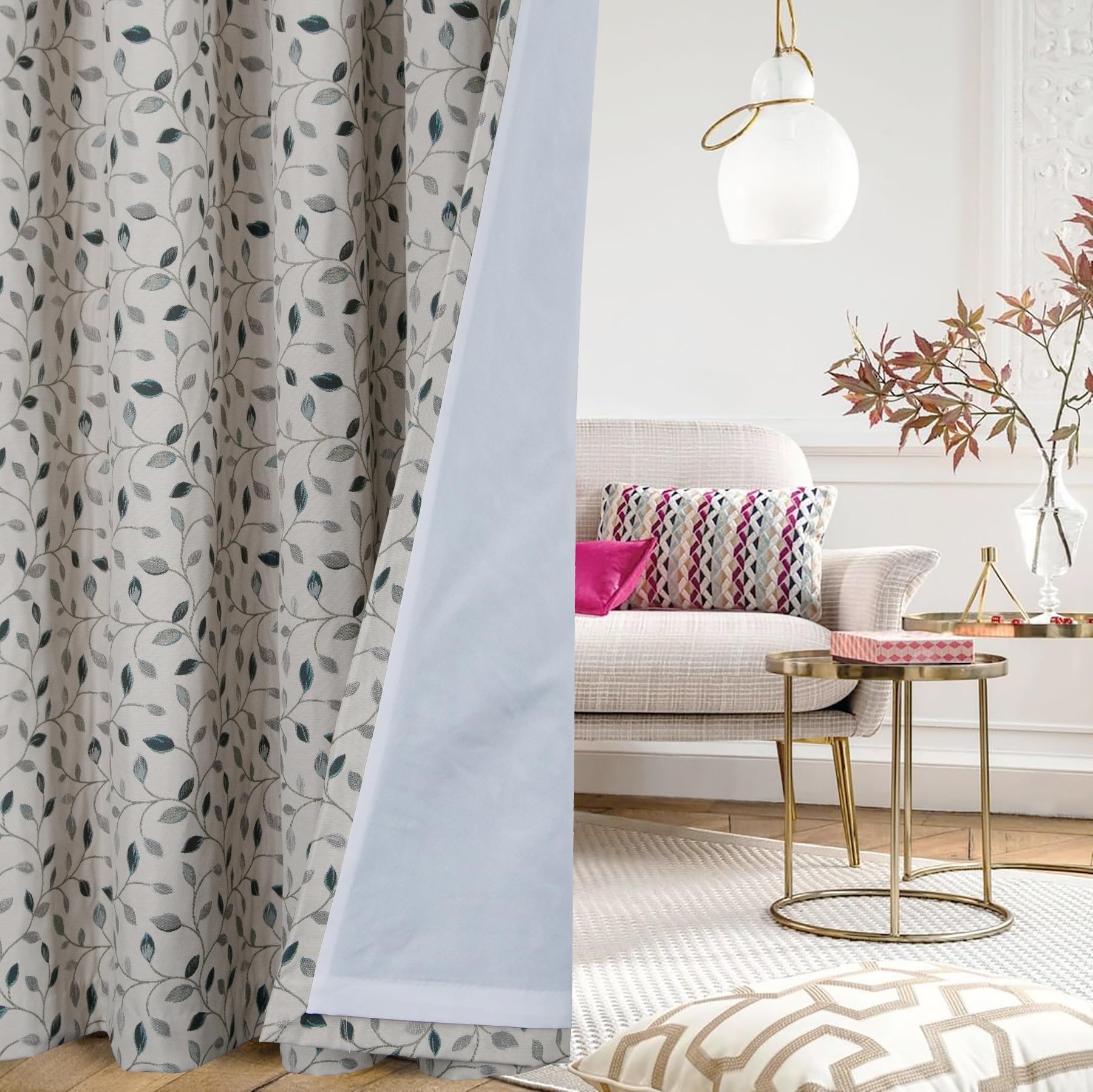 always4u Floral Jacquard Curtains Pencil Pleat Lined Curtain for Living Room/Bedroom/Kitchen Room Darkening Blue Leaf Window Decoration Drapes 1 Pair W46*L72 Inches