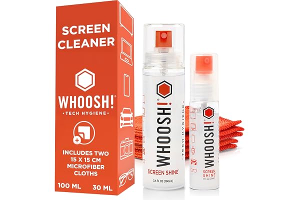 WHOOSH! Screen Shine Duo XL – Electronics Cleaner Kit – 100ml and 30ml Bottles + 2 Microfiber Cloths 15x15 cm, Safe Streak Fr