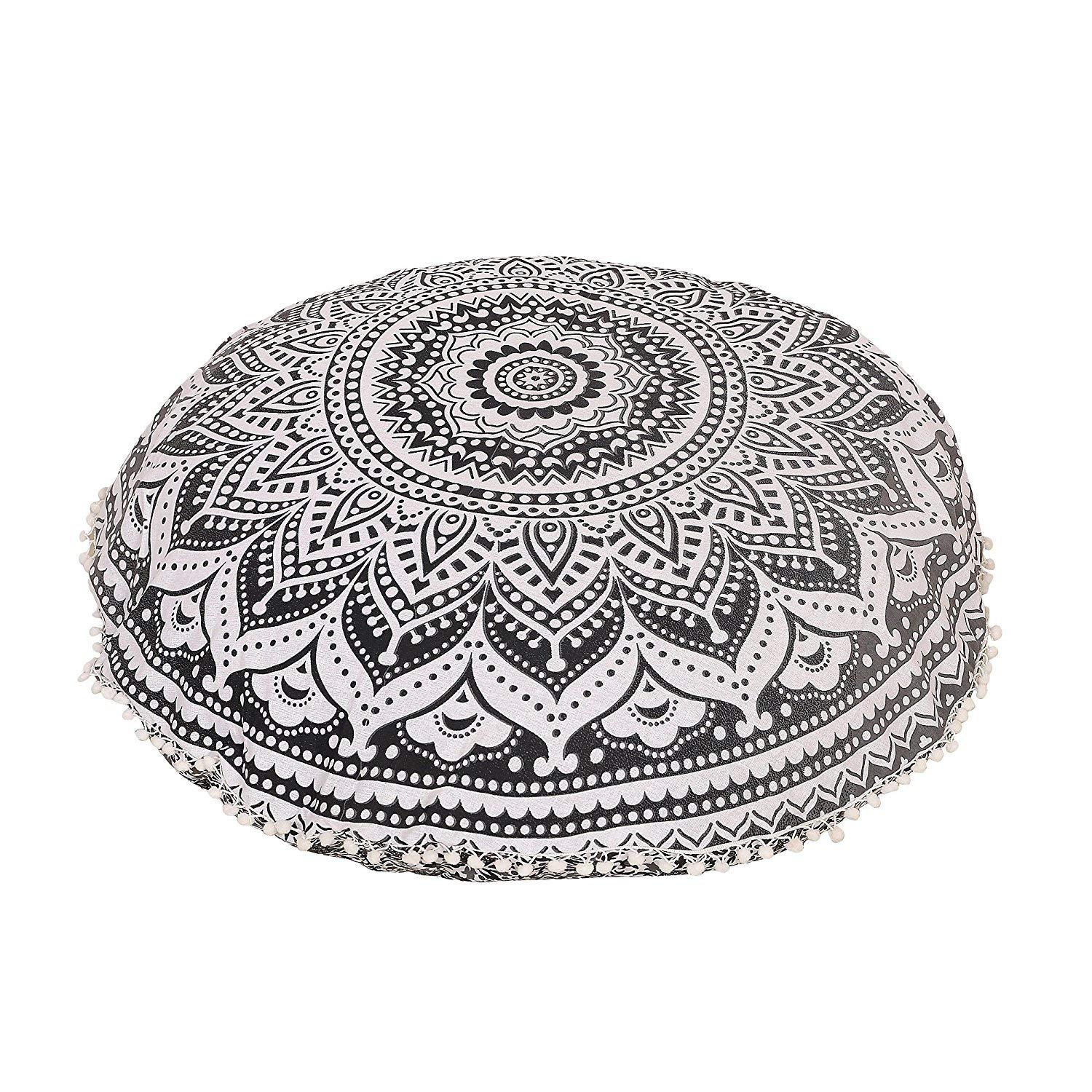 Radhykrishnafashions Indian 32" Large Hippie Mandala Floor Pillow Cover Cushion Cover Round Bohemian Yoga Decor Floor Cushion Case (Grey Ombra)