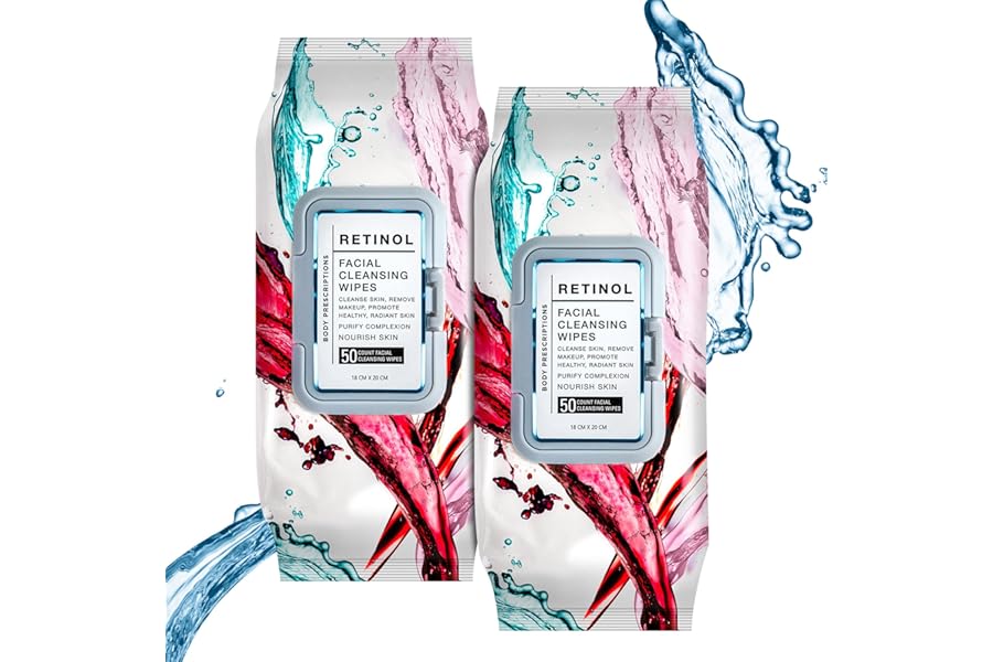 Body Prescription Makeup Cleansing Wipes – Gentle and Effective Face Wipes, 50 Count (Pack of 2), Retinol