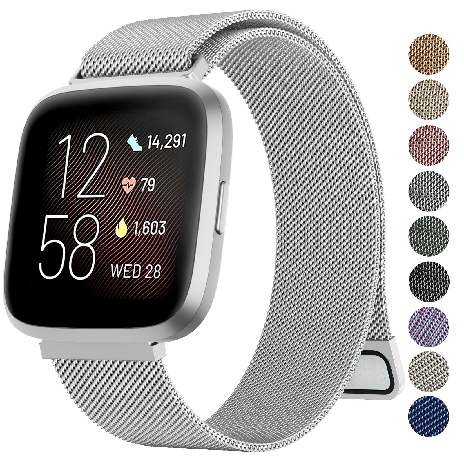 Metal Strap for Fitbit Versa 2, Versa Lite, Versa - Breathable Stainless Steel Mesh Loop Adjustable Wristband for Women Men (Silver, Large for 150mm - 250mm Wrists)