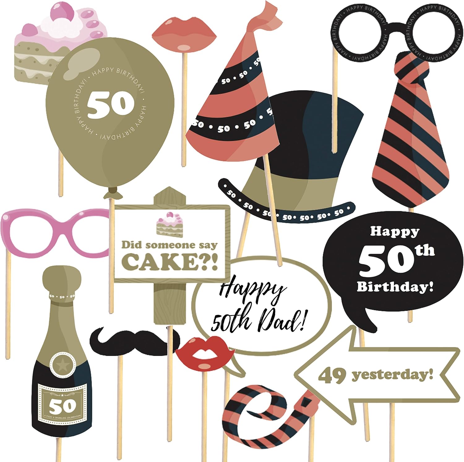 50th Birthday Props, 50th Birthday Photo Booth Props, Pack of 16