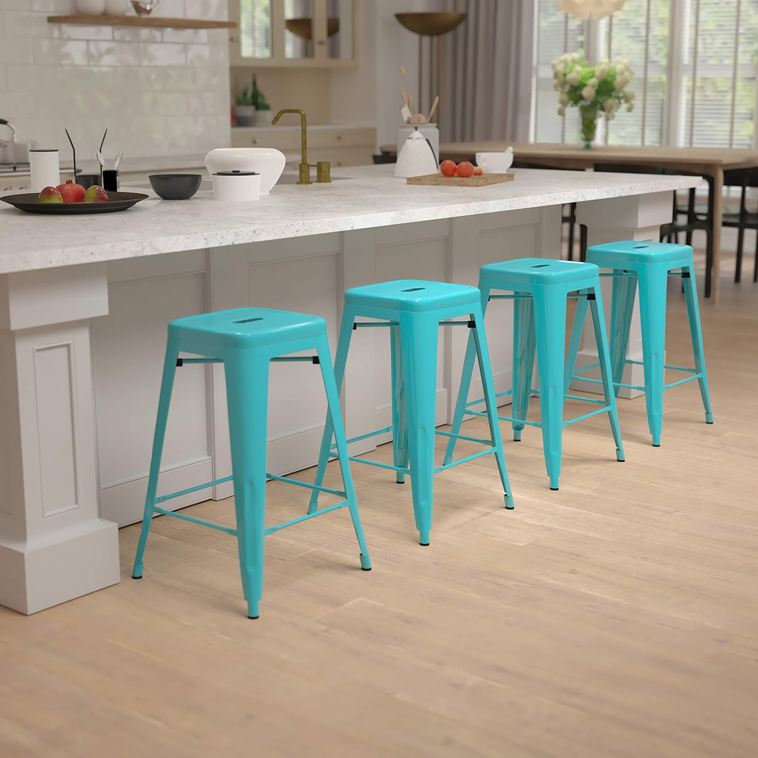 Flash Furniture 24" High Metal Counter-Height, Indoor Bar Stool in Teal - Stackable Set of 4: Furniture & Decor