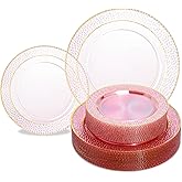 Ciselure 100PCS Clear Pink Plastic Plates, Heavy Duty and Disposable Plastic Plate with Gold Rim, Fancy Design 50 Dinner and 50 Dessert Plates for Wedding and Party