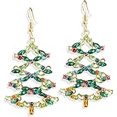 Elegant Sparkly Colorful Crystal Big Christmas Tree Dangle Drop Earrings Green Xmas Dress Up Earrings for Women Jewelry
