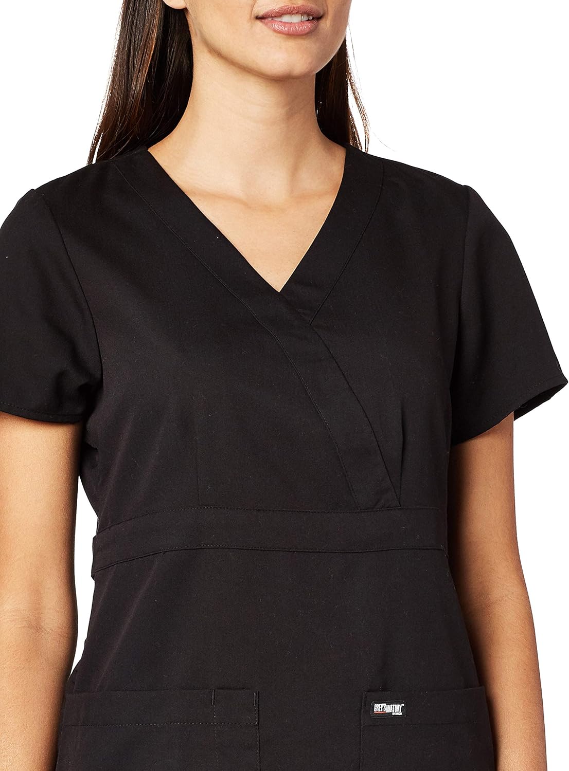 Grey's Anatomy Women's Junior Fit 3 Pocket Mock Wrap Scrub Top, Black, Small: Medical Scrubs Shirts: Clothing