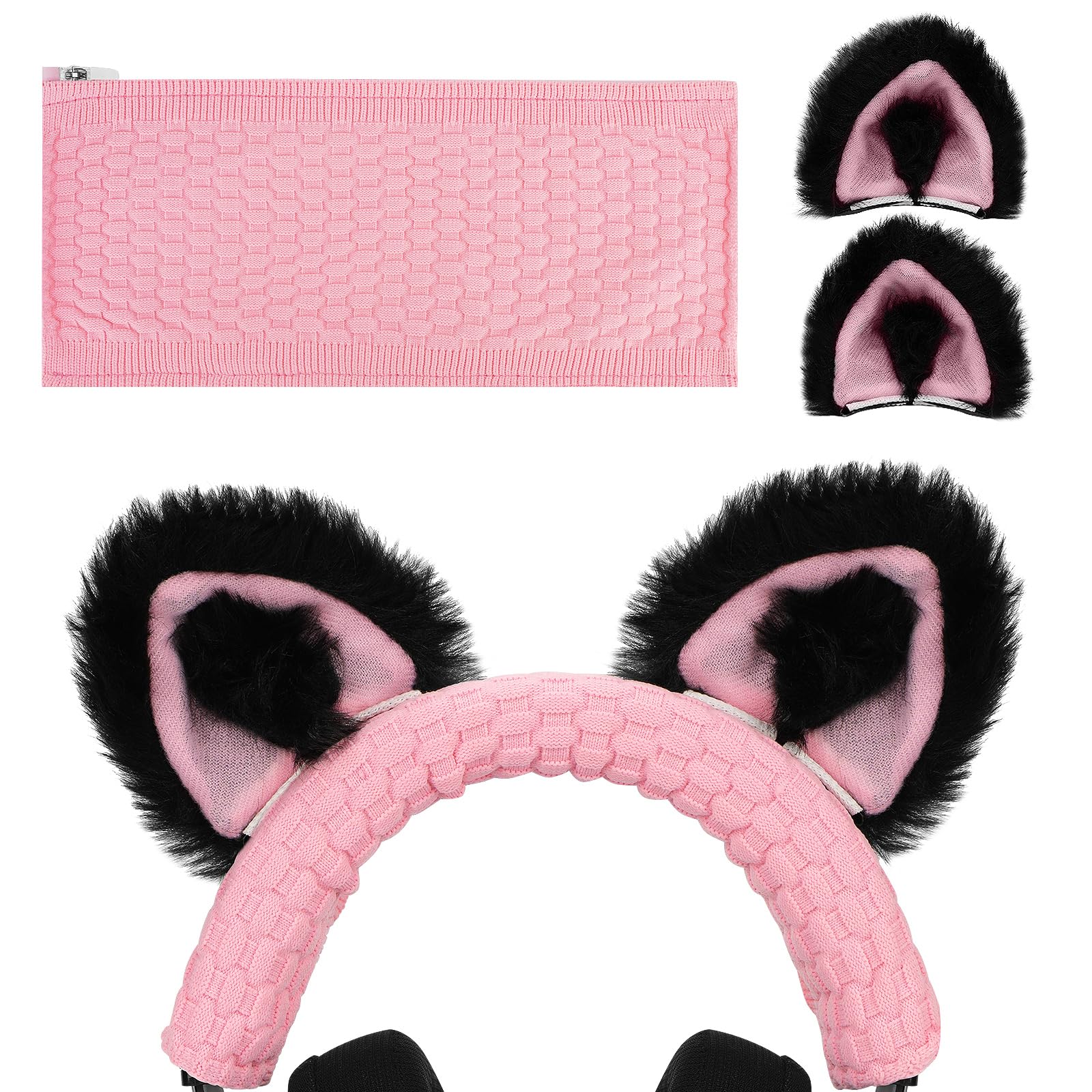 Geekria NOVA Knit Fabric Headband Cover and Cat Ears Attachment Set Compatible with Razer Kraken 7.1 v2, Sony MDR1ABT / MDR1AM2 Headphones (Black/Pink)