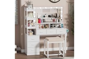 PAKASEPT Vanity Makeup Desk Set with LED Lighted Mirror & Power Outlet,Makeup Vanity Dressing Table with 6 Drawers, 3 Storage Movable Shelves, Stool,Hair Dryer Stand for Bedroom,White