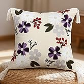 QoBexim Floral Embroidered Pillow Covers 18x18 Inch Set of 1, White Daisy Decorative Throw Pillow Covers with Tassels, Spring Farmhouse Purple Flowers Cushion case for Couch Sofa Bed Living Room