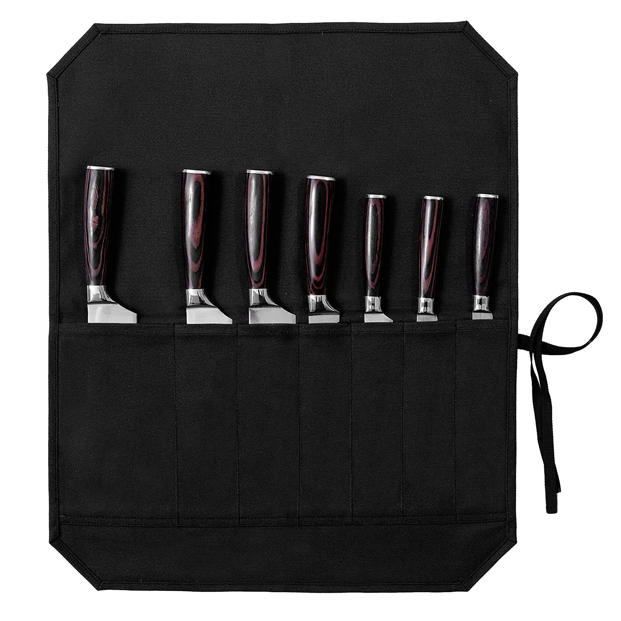 Kaaltisy Chef Knife Bag, Knife Roll with 7 Slots & Tie Rope, Heavy Duty 16oz Waxed Canvas Knife Carrier Bag - 17" x 20.5" - Black
