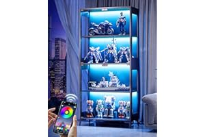 LONIKO Glass Display Cabinet with Doors, 4-Tier Display Case with Adjustable Shelves, RGB LED Lights with App & Remote Control, Curio Storage Cabinet with Metal Base for Collectibles, Books, Black