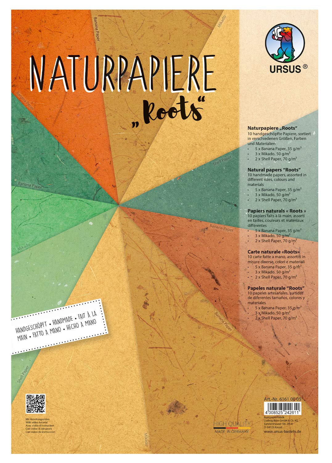 Ursus 61610005 Natural Paper Roots 10 Sheets in Various Sizes, Colours and Qualities with Mussel Paper, Mikado, Banana Paper, for Creative Crafts, Colourful