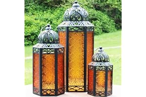 VELA LANTERNS Moroccan Candle Lantern Decorative Set of 3 for Floor, Ramadan Decorations, Indoor Home Decor, Outdoor Patio or Porch, Halloween, Weddings, Amber