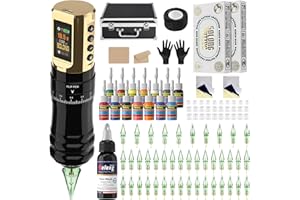Tattoo Kits, Nazzor Tattoo Machine with 1800mAh LED Display Rotary Tatoo Machine Kit for Professionals 40PCS Tattoo Cartridge and 14 Tattoo Ink Black Gold