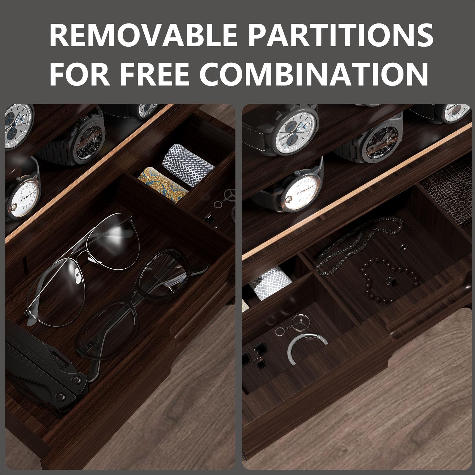 AUTOARK Wooden Watch Sunglass Display Case,12 Watch Box with Jewelry Drawer,Watch Eyeglass Holder with Window,Vertical Storage,Gift Idea,Walnut,AW-185