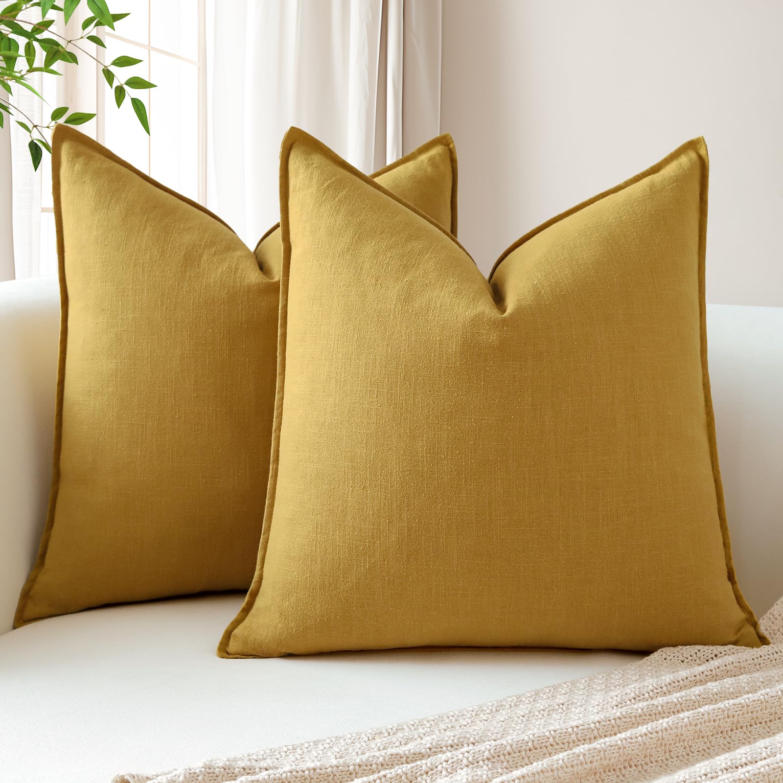 Sungeek Set of 2 Soft Linen Decorative Cushion Covers 45cm x 45cm Solid Farmhouse Throw Pillow Covers Boho Accent Cushion Cases for Sofa Couch Chair Bedroom Home Decor Pillowcases, Honey Mustard