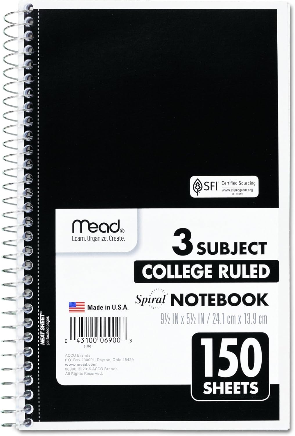 Mead Spiral Notebook, 3 Subject, College Ruled Paper, 150 Sheets, 9-1/2" x 5-1/2", Color Selected For You (06900) : Office Products
