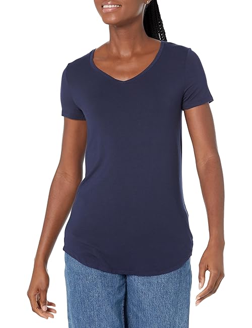 Amazon Essentials Women's Relaxed-Fit Short-Sleeve V-Neck Tunic (Available in Plus Size), Navy, Small