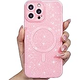 Svanove Glitter Case for iPhone 12 Pro Phone Case Magnetic Compatible with Magsafe, Sparkle Bling Shiny Sparkly Cute Girly Design, Bright Trendy Aesthetic Hard Mag Cover for Women Girls, Light Pink