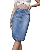 SweatyRocks Women's Casual High Waist Jean Skirt Split Back Straight Hem Knee Length Denim Skirts