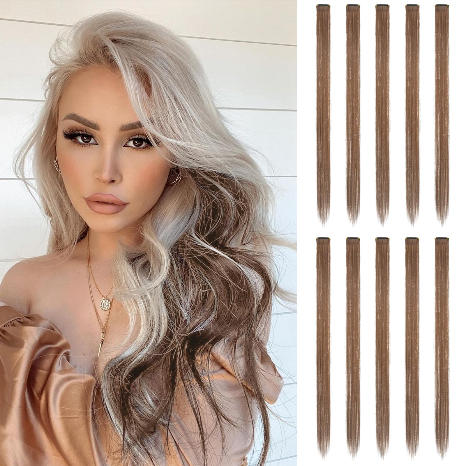 FESHFEN Coloured Clip in Hair Extension Light Brown Hairpieces for Women Party Highlight Colourful Straight Long Hair Extensions Clip in Hair Piece, 22 inch โ image 1