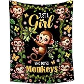 Just A Girl Who Loves Monkeys Blanket for Girls - Ultra Soft,Breathable,Comfortable Flannel Throw for Couch, Sofa,Bedroom - Cute Monkey Animal Pattern Home Decor -40"x50"-Kids/Throw Size