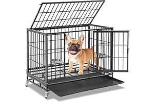 Homey Pet 37 inch Stackable Heavy Duty Dog Crate, Indestructible Escape Proof Dogs Cage Kennel with Lockable Wheels, Removable Tray & Metal Grid, Double Doors for High Anxiety Medium/Small Dogs