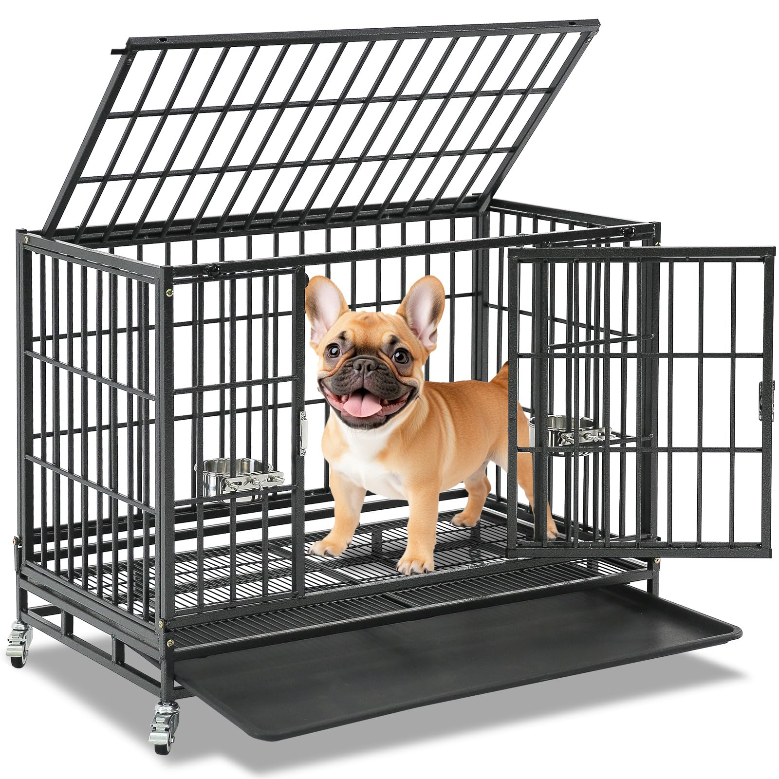 Photo 1 of Homey Pet 37 inch Stackable Heavy Duty Dog Crate, Indestructible Escape Proof Dogs Cage Kennel with Lockable Wheels, Removable Tray & Metal Grid, Double Doors for High Anxiety Medium/Small Dogs