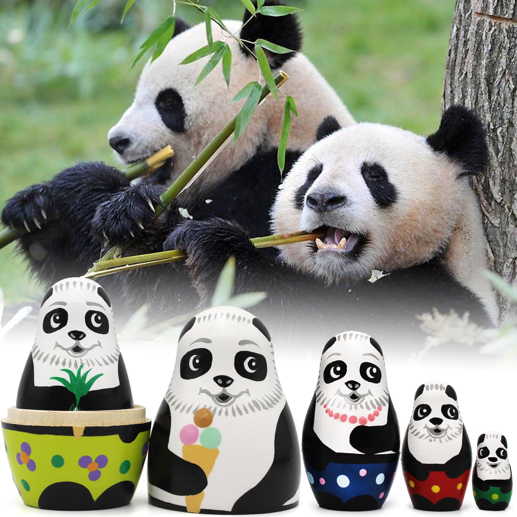 Handmade Panda Nesting Doll Set - 5 Piece Mini Hand Painted Matryoshka Wooden Russian Dolls - Hand Painted Animal Stacking Figurines - Panda Bear Room Decor